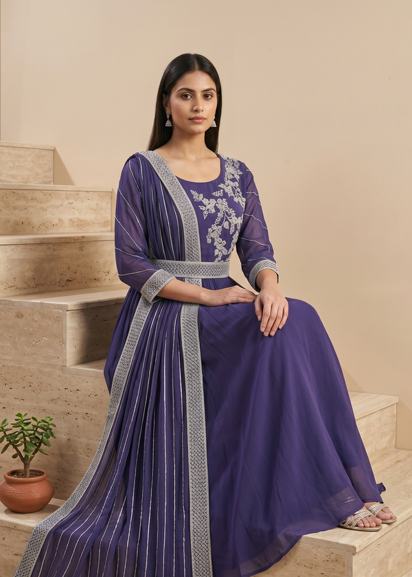 Purple Simran Chinon silk Gown with cutdana work
