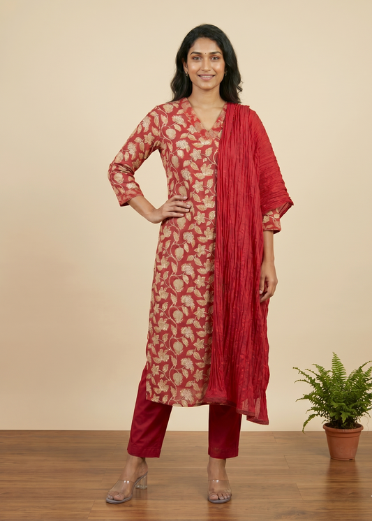 Red Aachal Cotton Suit set