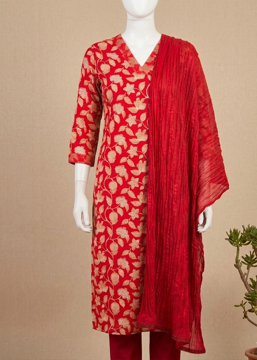 Red Aachal Cotton Suit set