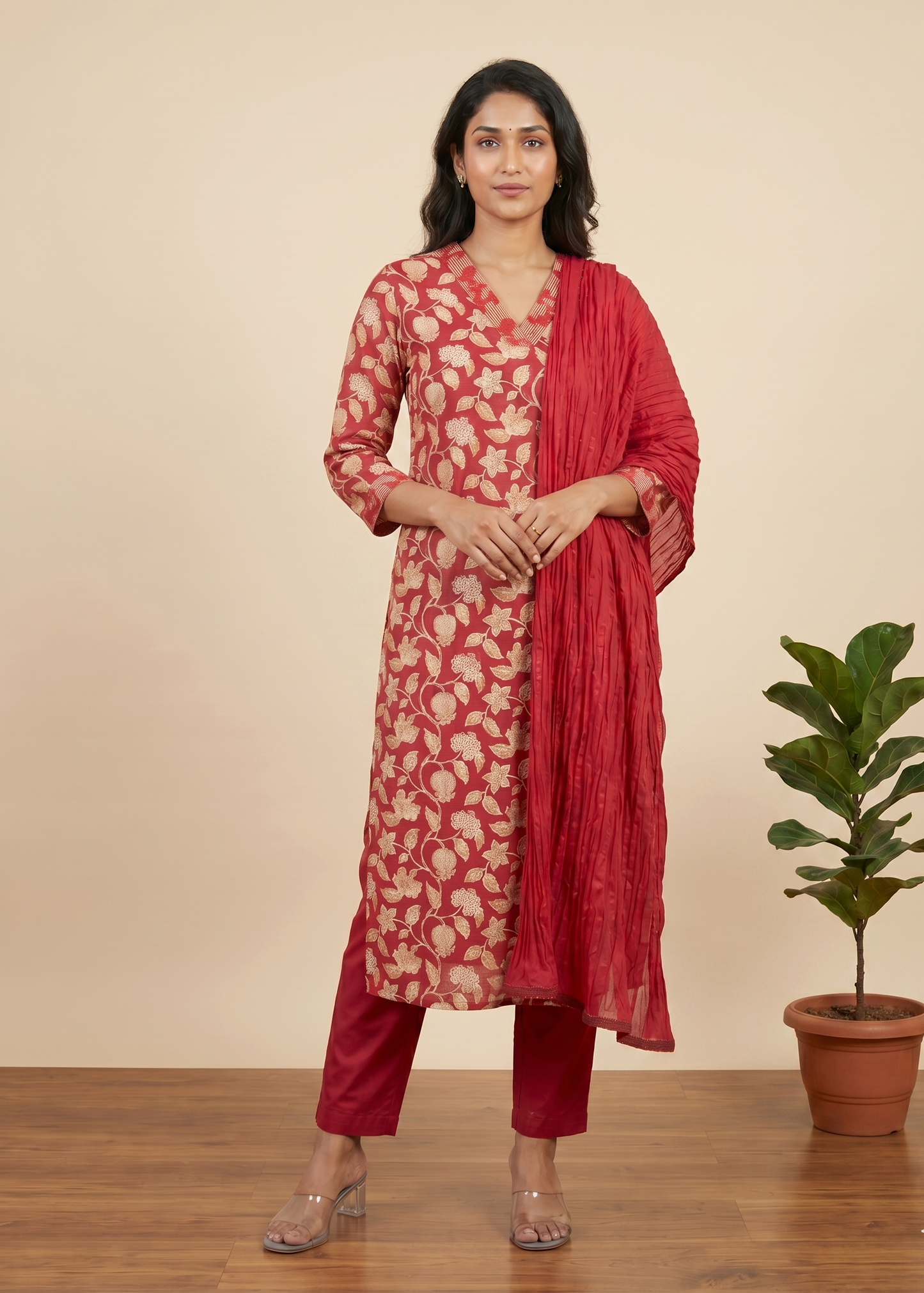 Red Aachal Cotton Suit set