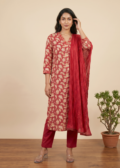 Red Aachal Cotton Suit set