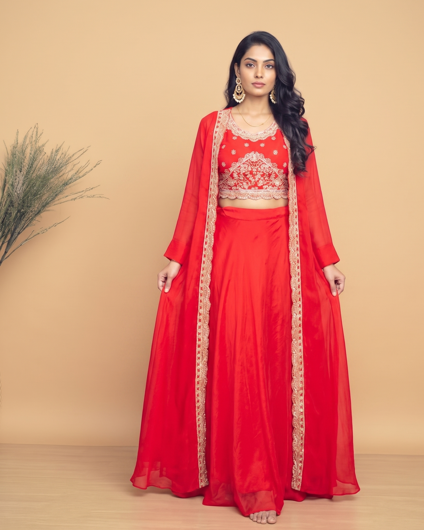 Red Chinon silk Handcrafted Jacket Lehanga Set