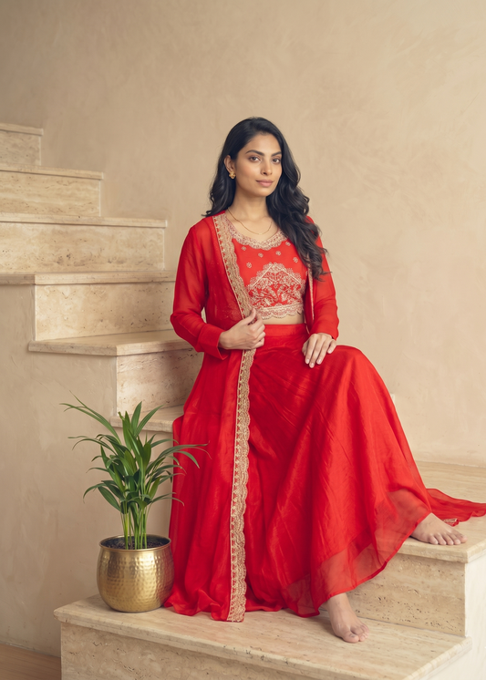 Red Chinon silk Handcrafted Jacket Lehanga Set