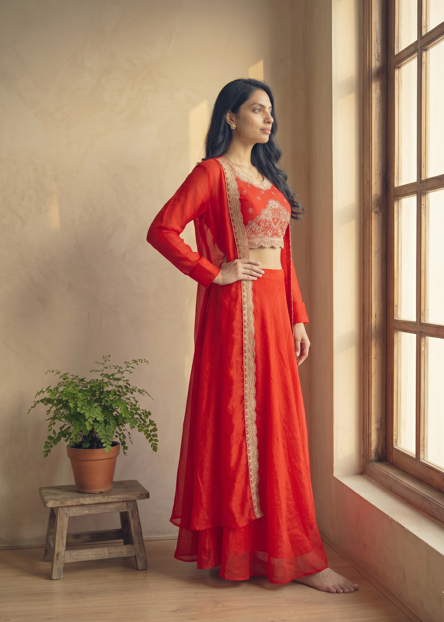 Red Chinon silk Handcrafted Jacket Lehanga Set