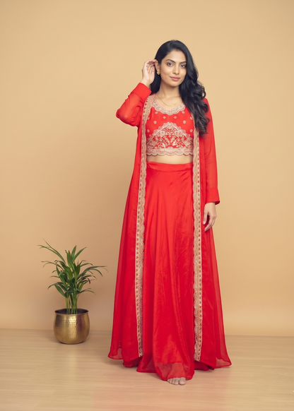 Red Chinon silk Handcrafted Jacket Lehanga Set