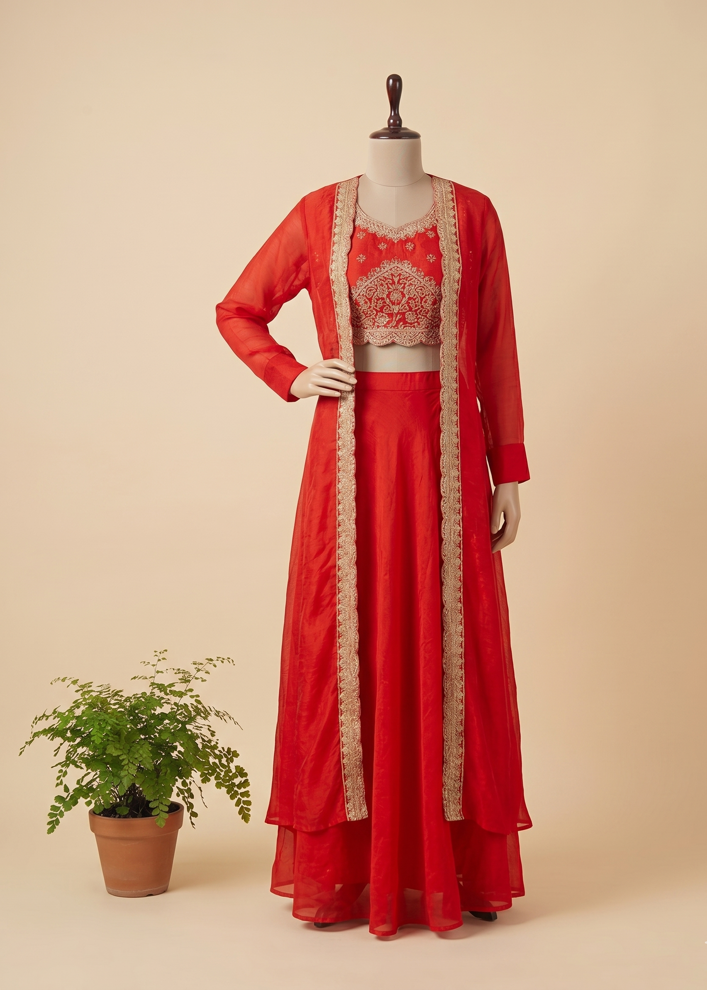 Red Chinon silk Handcrafted Jacket Lehanga Set