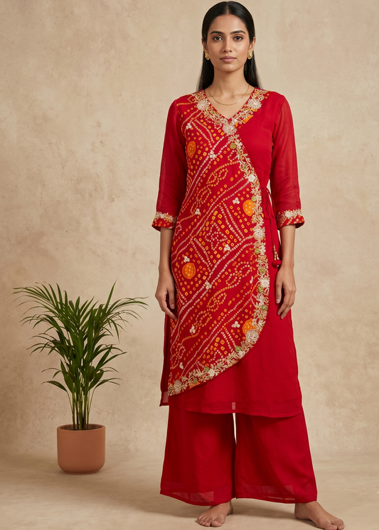Red Hetal Bhandej Chinon silk Set