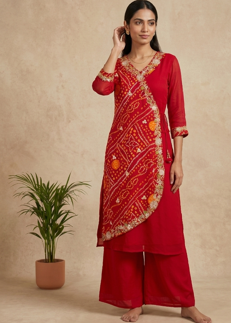 Red Hetal Bhandej Chinon silk Set