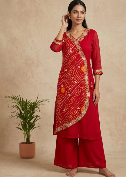 Red Hetal Bhandej Chinon silk Set