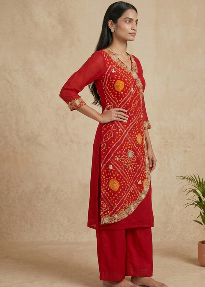 Red Hetal Bhandej Chinon silk Set