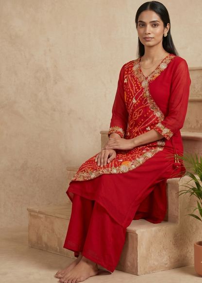 Red Hetal Bhandej Chinon silk Set