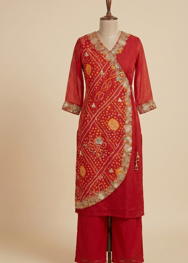 Red Hetal Bhandej Chinon silk Set