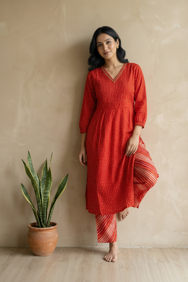 Divi Red Bandini cottton Kurta Bottom Set