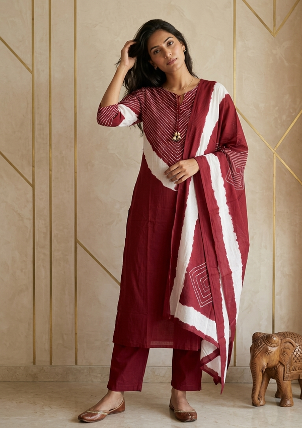 Red Bandini Cotton Suit set   - Best seller