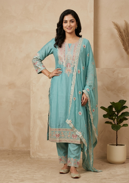 Sky Blue Rosie Straight Suit Set With Duppata