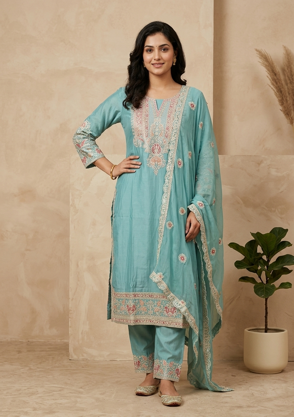 Sky Blue Rosie Straight Suit Set With Duppata