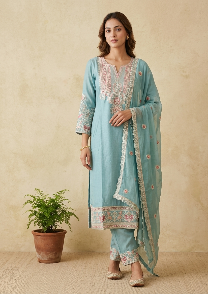 Sky Blue Rosie Straight Suit Set With Duppata