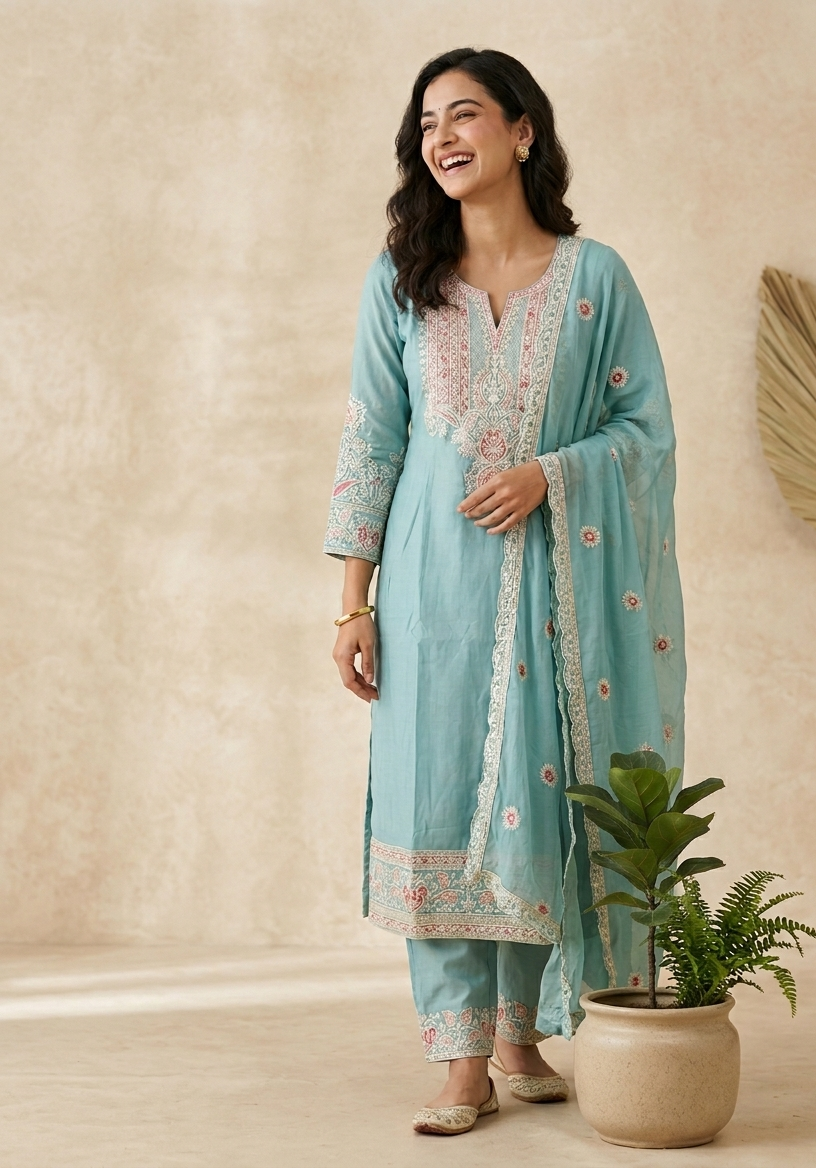 Sky Blue Rosie Straight Suit Set With Duppata