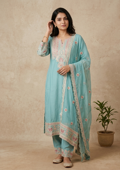 Sky Blue Rosie Straight Suit Set With Duppata