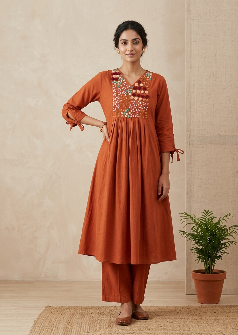 Rust Orange Aarna Embroidered Cotton Kurta set