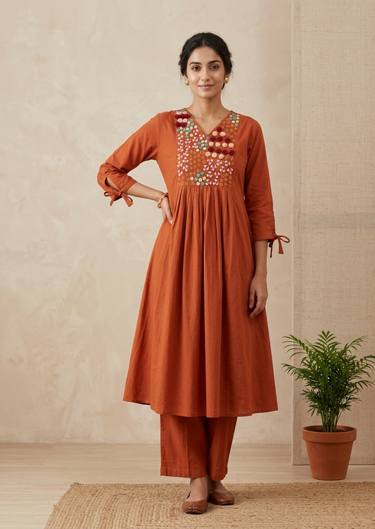 Rust Orange Aarna Embroidered Cotton Kurta set