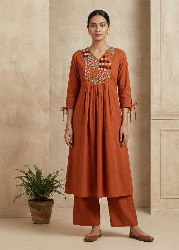 Rust Orange Aarna Embroidered Cotton Kurta set