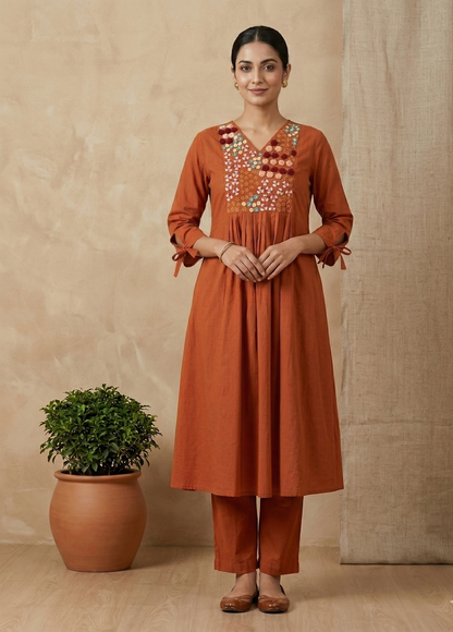 Rust Orange Aarna Embroidered Cotton Kurta set