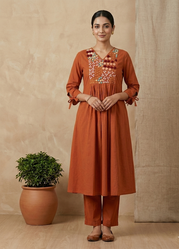 Rust Orange Aarna Embroidered Cotton Kurta set