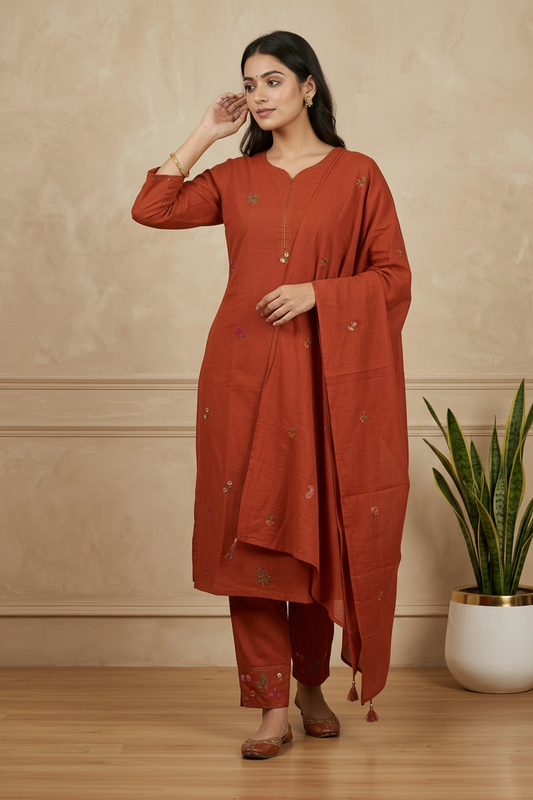 Rust Orange Kesar Slub Cotton Suit set