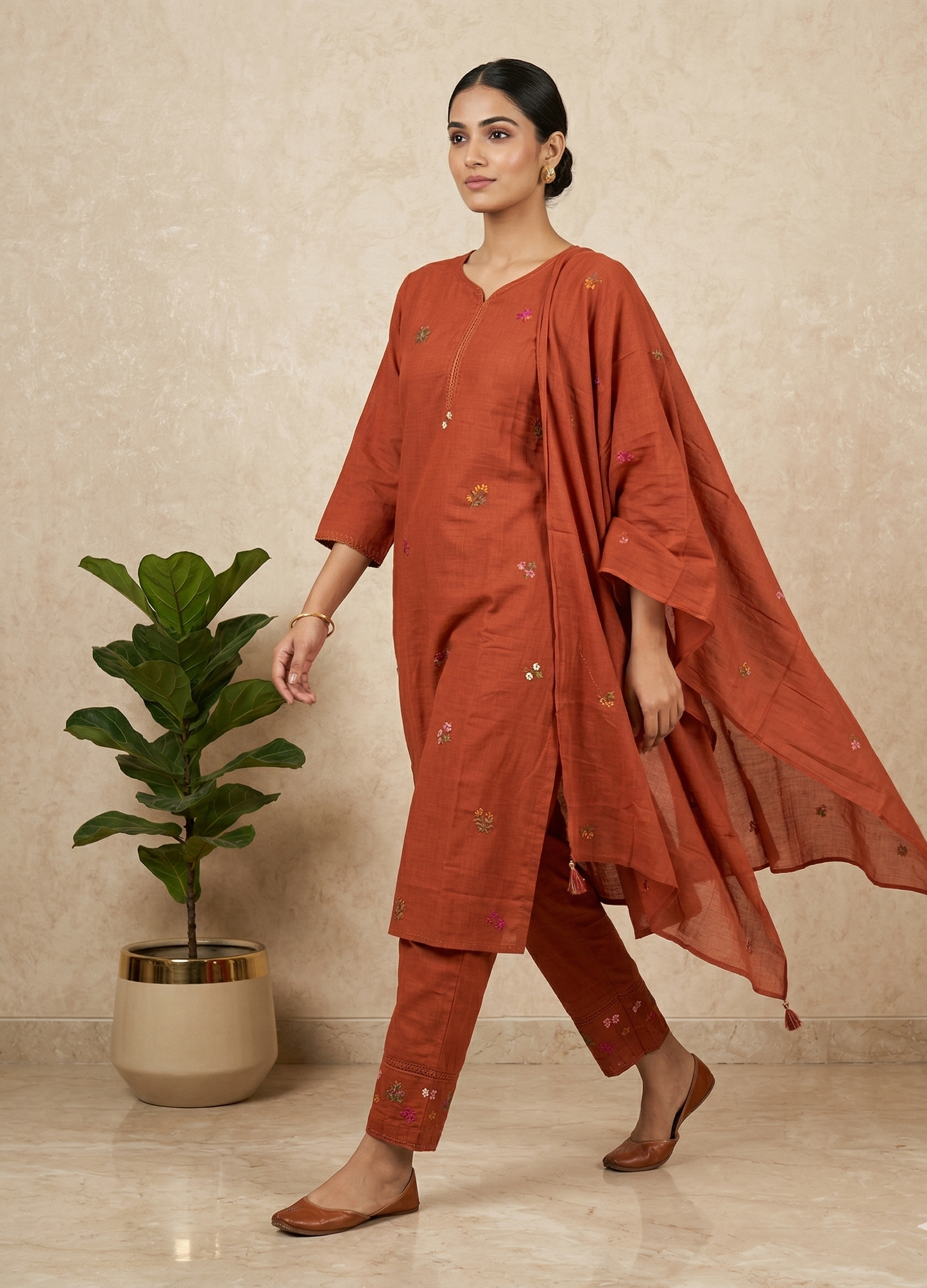Rust Orange Kesar Slub Cotton Suit set