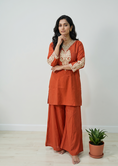 Rust Orange Radya Muslin silk Co-ord set -Set of 2