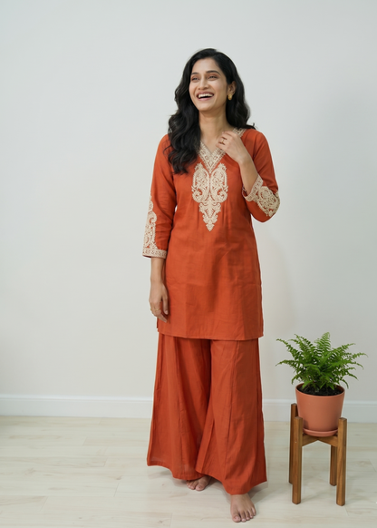 Rust Orange Radya Muslin silk Co-ord set -Set of 2