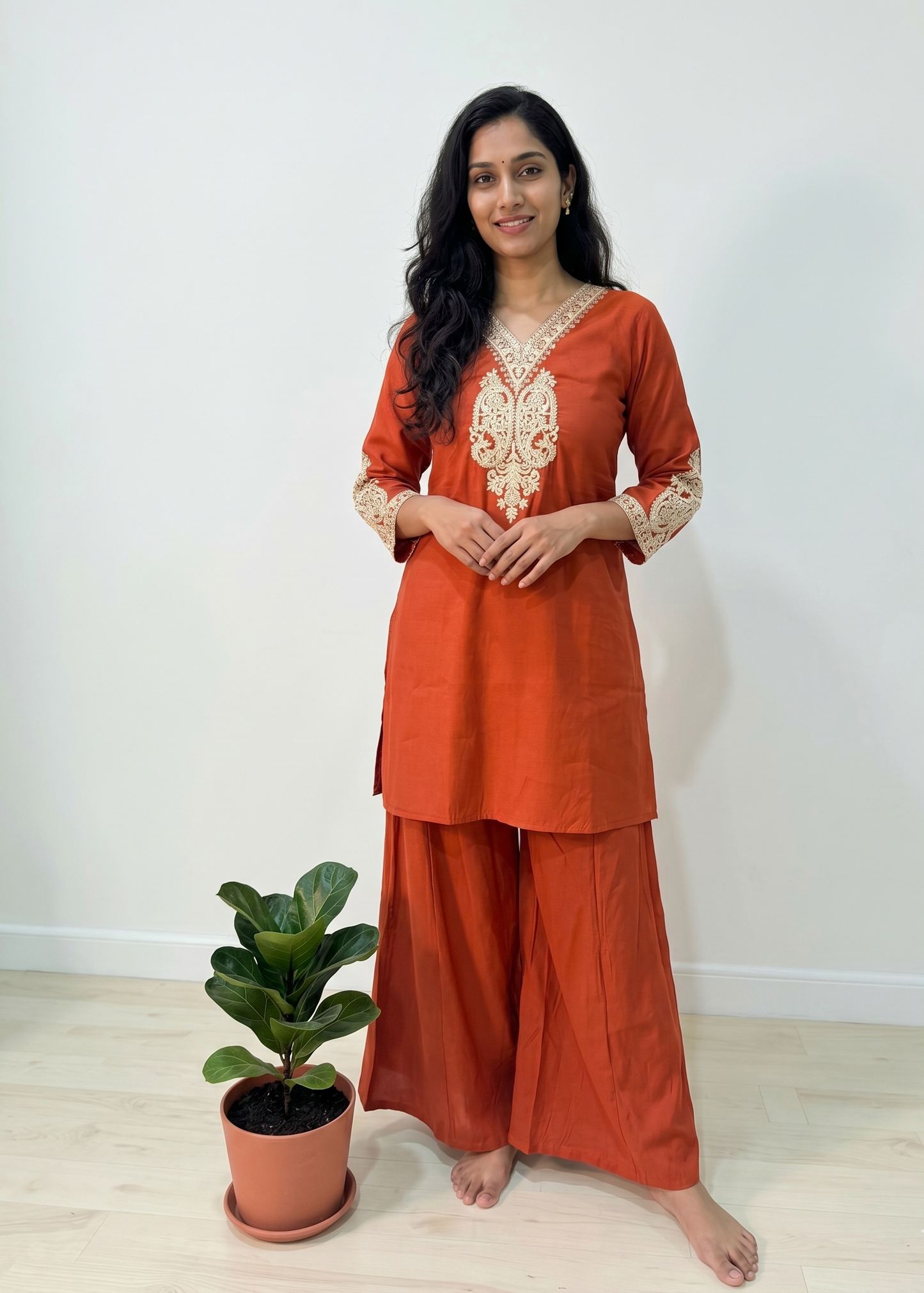 Rust Orange Radya Muslin silk Co-ord set -Set of 2