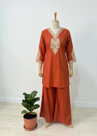 Rust Orange Radya Muslin silk Co-ord set -Set of 2