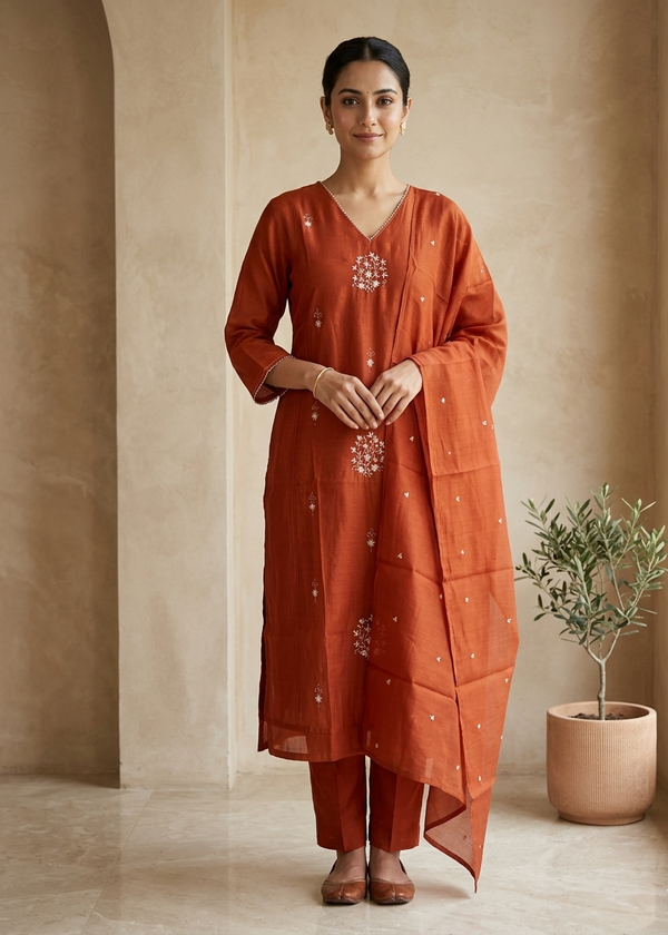 Mirha Rust Orange Mul chanderi Suit Set