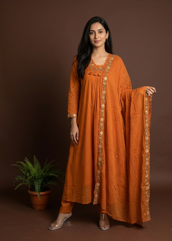 Rust Orange Suneri A Line Cotton suit set