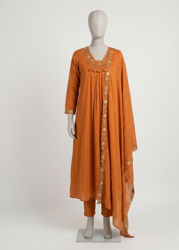 Rust Orange Suneri A Line Cotton suit set
