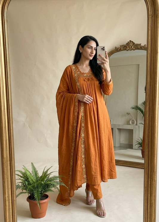 Rust Orange Suneri A Line Cotton suit set