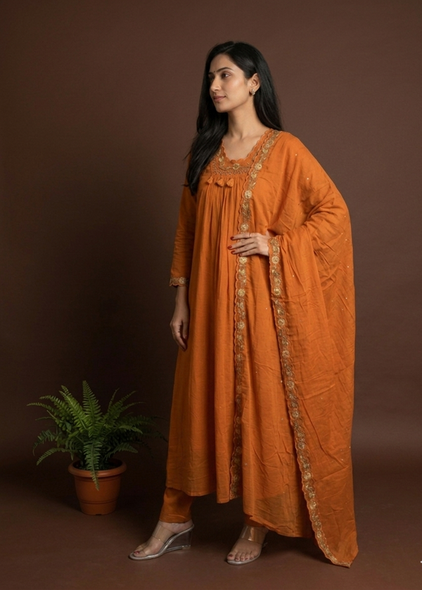 Rust Orange Suneri A Line Cotton suit set