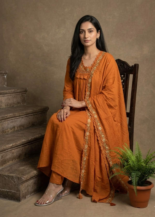 Rust Orange Suneri A Line Cotton suit set