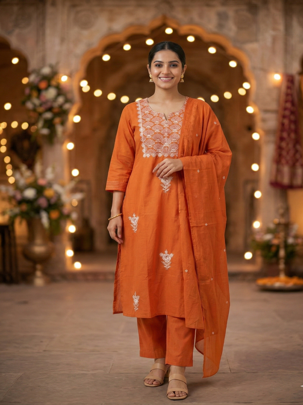 Rust Rishika cotton suit set - set of 3
