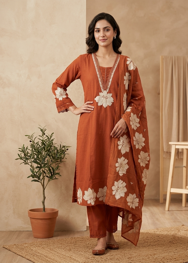 Rust Thriya Cotton suit set - Set of 3
