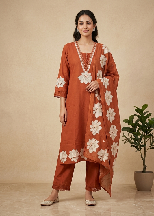 Rust Thriya Cotton suit set - Set of 3