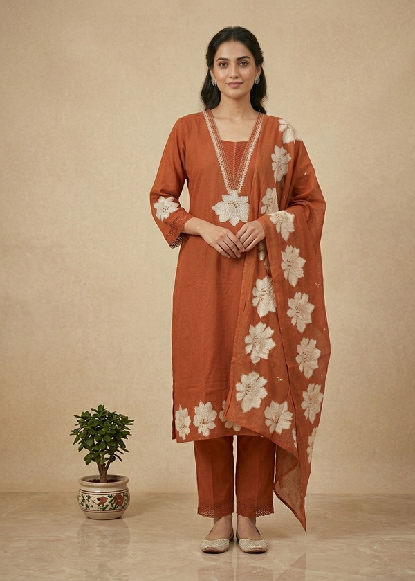 Rust Thriya Cotton suit set - Set of 3