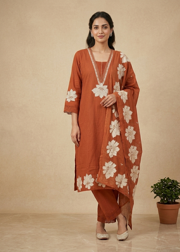 Rust Thriya Cotton suit set - Set of 3