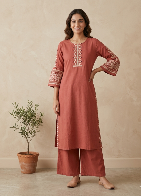 Rust orange Elina Flex cotton Kurta Set