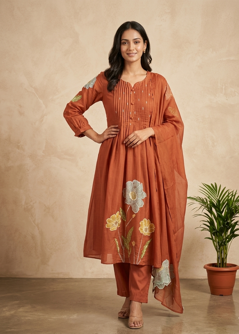 Rust orange Mahi Mul Chanderi A line Suit set - Set of 3