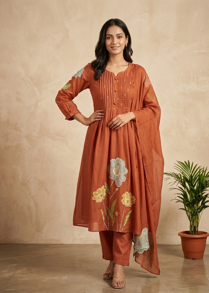 Rust orange Mahi Mul Chanderi A line Suit set - Set of 3
