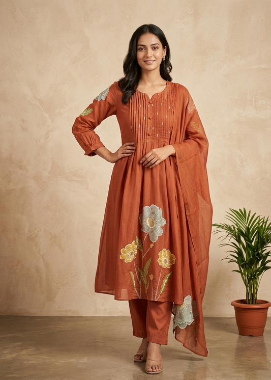 Rust orange Mahi Mul Chanderi A line Suit set - Set of 3