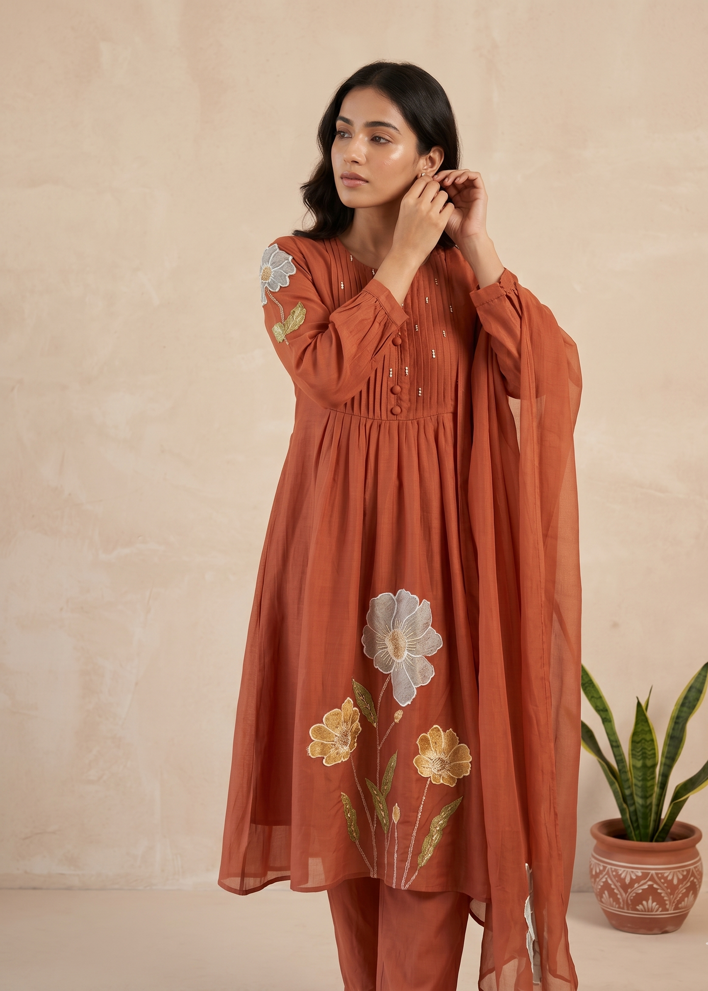 Rust orange Mahi Mul Chanderi A line Suit set - Set of 3